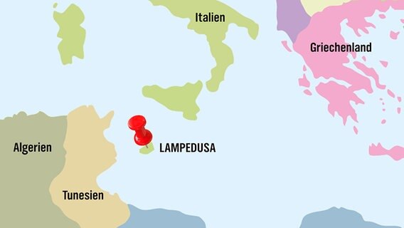 Landkarte mit Markierung der Insel Lampedusa durch einen Pin (Bildmontage) © Fotolia Foto: ag visuell, max_77 (Karte)