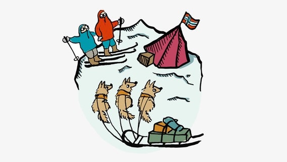 Eine Zeichnung zeigt Schlittenhunde, zwei Leute auf Skiern und eine norwegische Flagge auf einem Zelt  Foto: Antje von Stemm