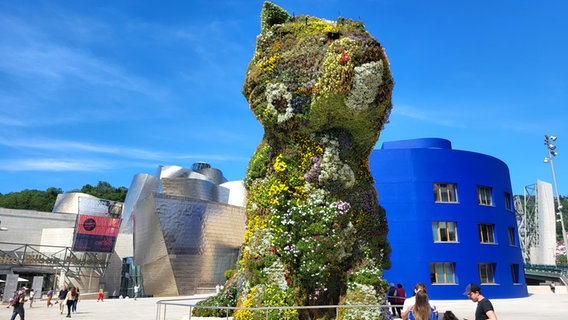 Eine Skulptur so hoch wie ein Gebäude in Form eines Hundes ist von Blumen überwuchert - Eine Hundeskulptur in Bilbao © NDR / Thomas H. A. Becker Foto: Thomas H. A. Becker