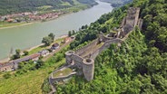 Die Donau aus Vogelflugperspektive, am Ufer windet sich eine große lange Burg auf einem Hügel © NDR Foto: Rita Knobel-Ulrich