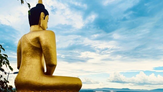Eine riesige Buddha-Statue am Ufer des Mekong in Laos © NDR Foto: Dennis Burk