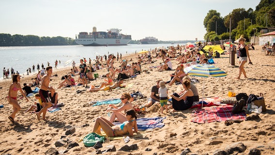 Zahlreiche Menschen sonnen sich in Hamburg am Elbstrand bei Oevelgönne und genießen das schöne Wetter. © dpa picture alliance Foto: Daniel Bockwoldt