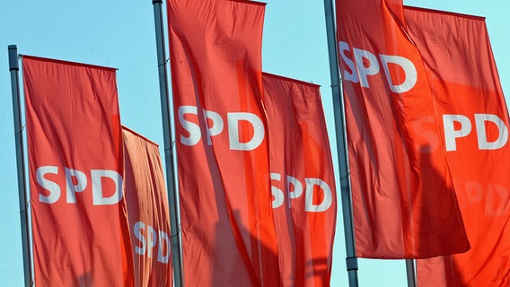 Fahnen der SPD wehen beim Landesparteitag der SPD vor einer Veranstaltungshalle. © dpa-Bildfunk Foto: Patrick Seeger