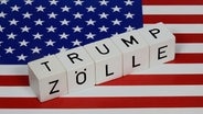 Auf einer USA Fahne befinden sich Buchstabenwürfel mit den Schriftzügen Trump und Zölle. © picture alliance / ZB Foto: Sascha Steinach