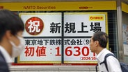 Zwei Menschen schauen auf den Stand der Aktie der Tokioter Metro auf einem Info-Bildschirm. © dpa picture alliance/kyodo 