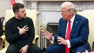 US-Präsident Donald Trump und der ukrainische Präsident Wolodymyr Selenskyj sitzen nebeneinander in einem Raum im Weißen Haus in Washington. © IMAGO Images / ZUMA Press Wire Foto: Jim LoScalzo