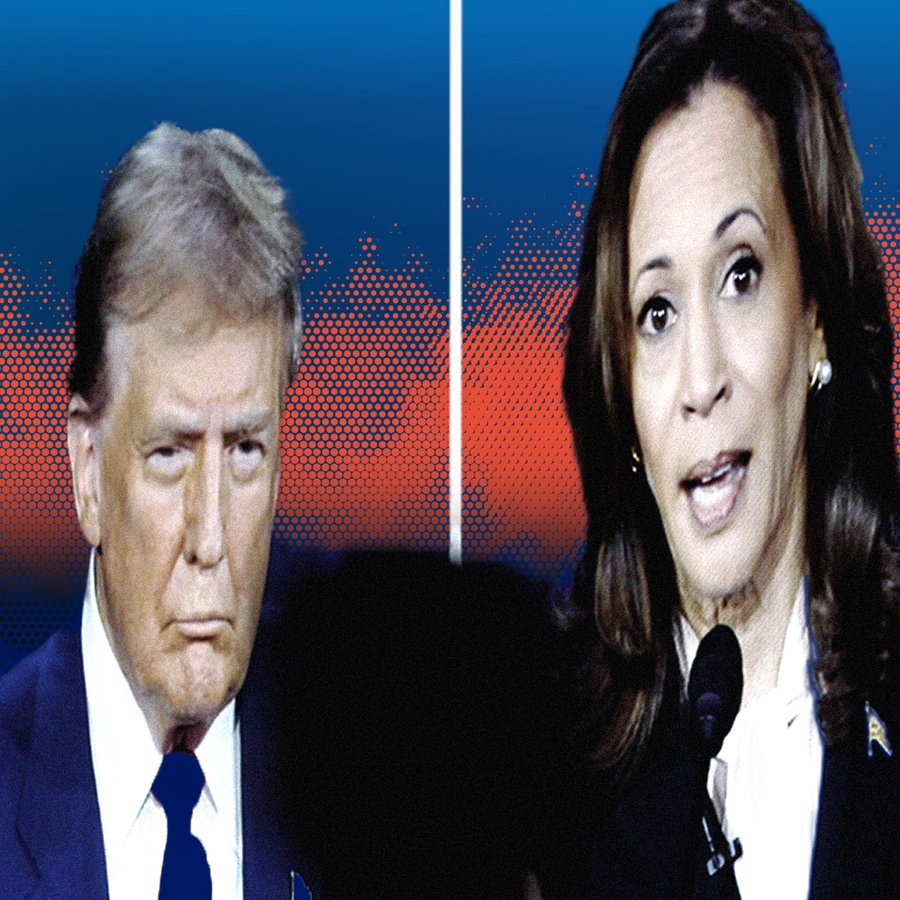 Präsidentschaftsdebatte zwischen dem republikanischen PräsidentschaftskandidatenDonald Trump und der demokratischen Präsidentschaftskandidatin und Vizepräsidentin Kamala Harris, am Dienstag, den 10. September 2024, in Philadelphia. © picture alliance / ASSOCIATED PRESS Foto: Matt Rourke