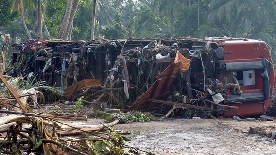 Ein zerstörter Zugteil liegt nach dem Tsunami im Dezember 2004 in Peraliya in Sri Lanka in einem Palmen-Wald. © dpa picture alliance/EPA Foto: Pushpa Kumara