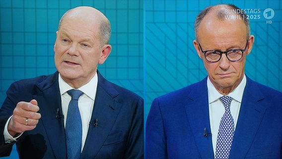 Bundeskanzler Olaf Scholz (SPD) und CDU-Spitzenkandidat Friedrich Merz im TV-Duell © dpa Foto: Kay Nietfeld