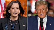 Porträtbilder von Donald Trump und Kamala Harris in einer Collage nebeneinander montiert. © dpa bildfunk/AP 