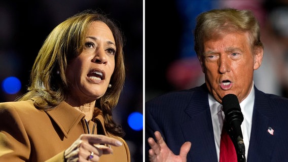 Porträtbilder von Donald Trump und Kamala Harris in einer Collage nebeneinander montiert. © picture alliance/dpa/AP | Uncredited 