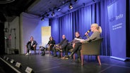 Diskussionsteilnehmer auf dem Podium des resonazraums in Hamburg zur Aufzeichung der Veranstaltung "Akademie Aktuell" am 20.11.2024. Mit dabei: Jan-Philipp Stephan, Prof. Dr. Mojib Latif, Ralf Helling und Prof. Dr. Anita Engels. Birgit Langhammer von NDR Info moderiert. © Akademie der Wissenschaften Foto: Jann Wilken