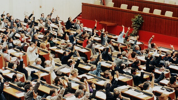 Am 23. August 1990 stimmte die Volkskammer der DDR für den Beitritt zur Bundesrepublik am 3. Oktober 1990. © picture-alliance / dpa | Michael_Jung 