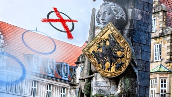 Wahlkreuz vor dem Roland von Bremen (Bildmontage) © Fotolia.com, colourbox Foto: -