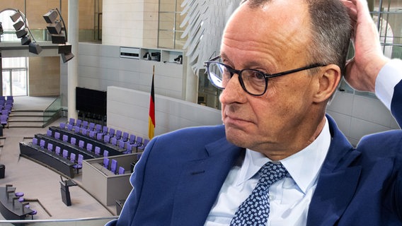 Friedrich Merz (CDU) grübelt, im Hintergrund der Bundestag (Bildmontage) © picture alliance 