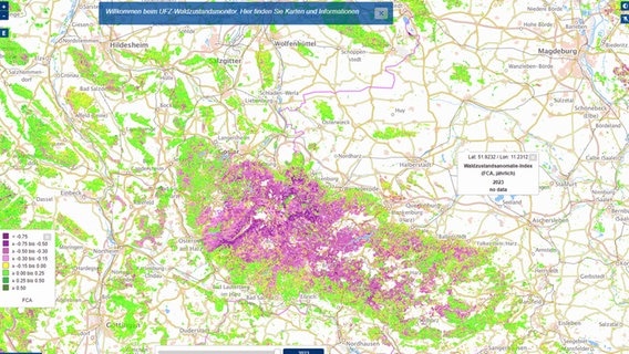 Ein Kartenausschnitt des Waldzustandsmonitors des Helmholtz Zentrum für Umweltforschung UFZ © Helmholtz Zentrum für Umweltforschung 