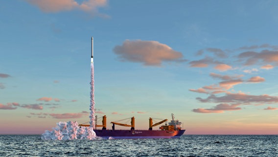 Eine Rakete startet von einer Plattform der German Offshore Spaceport Alliance (GOSA) in der Nordsee (undatierte Computergrafik). © picture alliance/dpa/Harren&Partner Group | --- 
