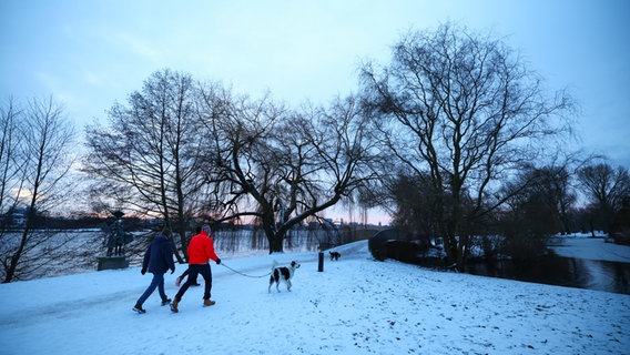 Spaziergänger sind bei winterlichen Bedingungen an der Hamburger Außenalster mit Hunden unterwegs. © dpa Foto: Christian Charisius