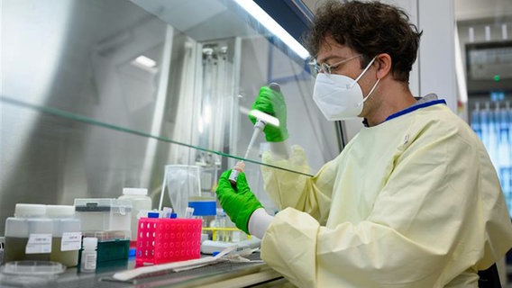 Der Molekularbiologe Emanuel Wyler untersucht im Sicherheitslabor des Max-Delbrück-Centrums für molekulare Medizin in Mitte Abwasserproben auf Krankheitserreger. (Foto vom 19.7.2022) © picture alliance/dpa | Bernd von Jutrczenka 