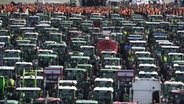 Landwirte aus Mecklenburg-Vorpommern stehen mit ihren Treckern bei einer Protestaktion gegen das Agrarpaket der Bundesregierung im Rostocker Stadthafen. © dpa-Bildfunk 