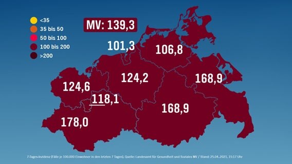 7-Tage-Inzidenzkarte für Mecklenburg-Vorpommern vom 25. April 2021 