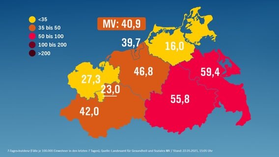 7-Tage-Inzidenzkarte für Mecklenburg-Vorpommern vom 22. Mai 2021 