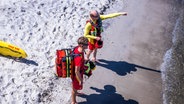 Rettungsschwimmer von der DLRG Wasserrettung stehen am Strand und beobachten die Bädegäste. © dpa-Bildfunk Foto: Jens Büttner