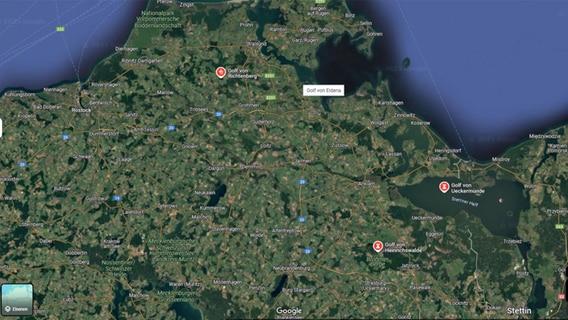 Mehrere Gewässer in Mecklenburg-Vorpommern sind auf Google Maps von Nutzern umbenannt worden. Es handelt sich dabei um eine satirische Protestaktion. © Google Maps (Screenshot) Foto: Google Maps