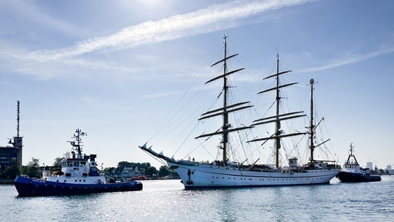 Die Gorch Fock II hat anlässlich der Hanse Sail 2024 an der Mittelmole in Warnemünde festgemacht. © NDR MV Foto: Denis Mollenhauer/ NDR MV