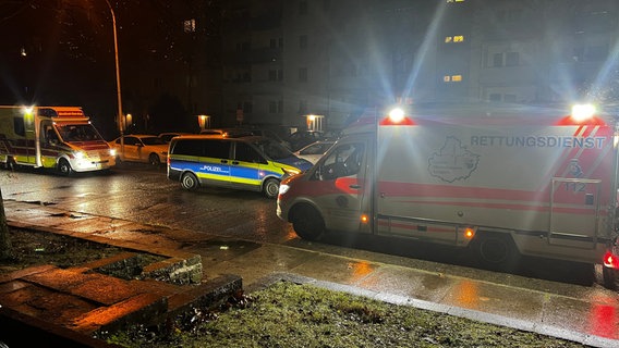 Zwei Krankenwagen und ein Polizeiwagen stehen auf einer Straße. © Felix Baenz Foto: Felix Baenz