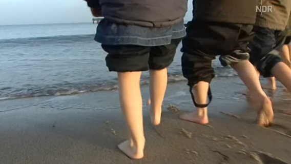 Füße von Kindern, die am Strand ins Wasser laufen. © NDR 