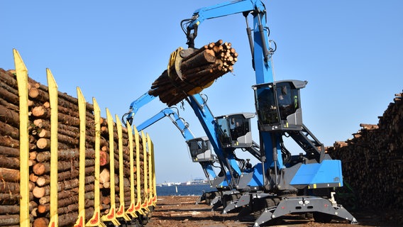 Holz wird verladen im Rostocker Fracht- und Fischereihafen. © Rostocker Fracht- und Fischereihafen GmbH 