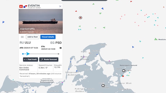 Die Position des Schiffes Eventin vor Rügen. © marinetraffic.com Foto: marinetraffic.com