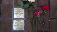 Blumen liegen neben zwei der zurzeit insgesamt 94 Stolpersteine in Schwerin. © picture alliance / ZB Foto: Bernd Wüstneck