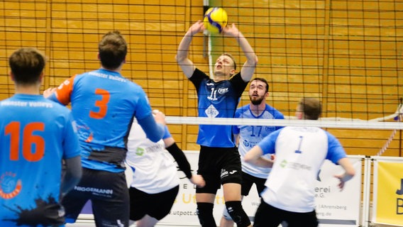 PSV-Libero Jacob Genzmer (am Ball) wurde als bester Neustrelitzer Spieler des Abends ausgezeichnet. © NDR MV Foto: Stefan Thoms