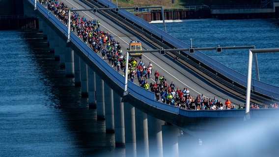 Läufer starten beim Rügenbrücken-Marathon über den Strelasund. Es ist eines der größten Sportereignisse in Mecklenburg-Vorpommern. © dpa-Bildfunk Foto: Stefan Sauer/dpa