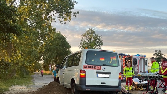 Transporter nach Unfall auf einem Kieshaufen. Rettungskräfte versorgen Verletzte. © Polizei Ludwigslust 