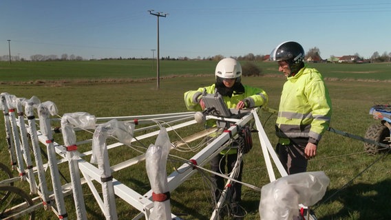 Auf einem Acker westlich von Schwerin stehen Archäologen mit einem Gerät zur Untersuchung des Bodens. © NDR Foto: Screenshot/NDR