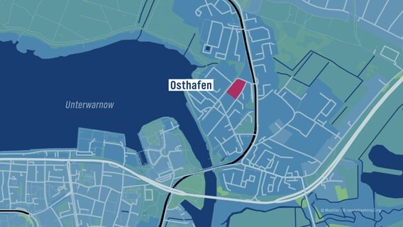 Ein Karte von Rostock, auf der das Gewerbegebiet "Osthafen" rot hervorgehoben wurde. © NDR 