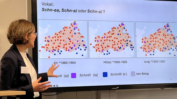 Eine Frau zeigt auf digitale Karten, auf denen unterschiedliche plattdeutsche Dialekte für das Wort Schnee dargestellt sind. © NDR Foto: Jürn-Jakob Gericke