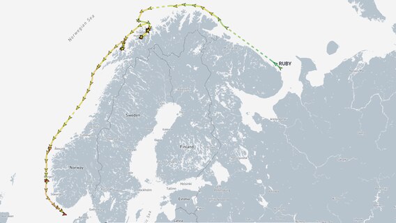 Route der "Rubin" vom Weißen Meer entlang der norwegischen Küste bis Sonntag, 22. September, nach Angaben des Seeschifffahrtsdienstes "marinetraffic.com" (Screenshot) © marinetraffic.com Foto: marinetraffic.com