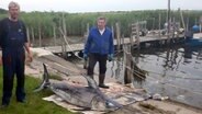 Der Fischer Jörg Bernier aus Redentin mit einem in der in der Wismarbucht gefangenem Schwertfisch, der auf einer Wiese liegt. © ndr.de Foto: Jörg Bernier aus Wismar