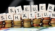 Der Schriftzug "Steuerschätzung" aus Scrabble-Spielsteinen liegt auf Münzgeld © dpa-Bildfunk Foto: Tobias Hase