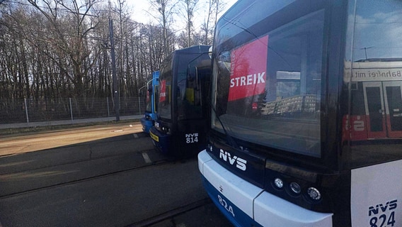 Drei Straßenbahnen haben je ein Schild mit der Aufschrift "Streik" an der Frontscheibe. © NDR Foto: Karsten Schatka