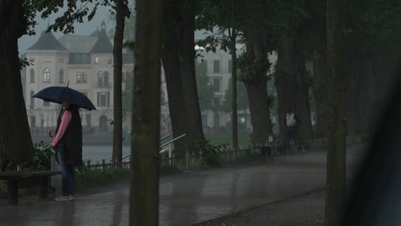 Frau steht bei Sturm mit Regenschirm draußen © NDR MV 