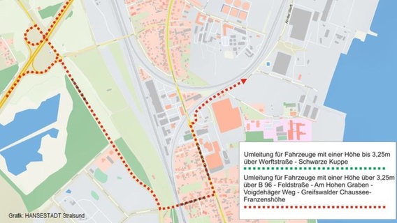 Eine Grafik zeigt die Umleitungsstrecke für eine gesperrte Straße in Stralund. © Hansestadt Stralsund 