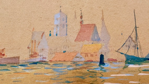 Detail des restaurierten Stralsund-Aquarells von Friedrich Max Bajohr ©  Förderverein STRALSUND MUSEUM l Koslik 