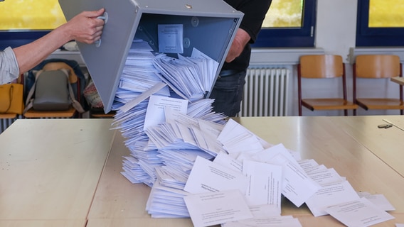 Zwei Wahlhelfer kippen eine Wahlurne mit den Briefwahlstimmen nach der Europawahl in einem Briefwahllokal zur Stimmenauszählung auf einen Tisch. © Jan Woitas/dpa Foto: Jan Woitas/dpa