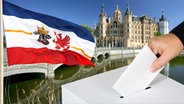 Mecklenburg Vorpommern wählt im Herbst, Montage aus dem Schweriner Schloss, einer Wahlurne und der Flagge von MV © picture-alliance/ ZB, Fotolia.com, Stockphoto Foto: Jens Büttner, Martina Berg, ericsphotography