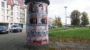 Eine Litfasssäule im polnischen Teil von Usedom ist mit Wahlplakaten beklebt. © Screenshot NDR MV/ Nordmagazin Material Foto: Screenshot NDR MV